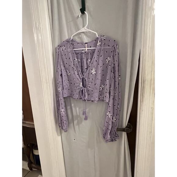 Free People La Rose Embroidered Cropped Blouse Top Cutout Ruffle Lilac Sz S Boho - Picture 3 of 8